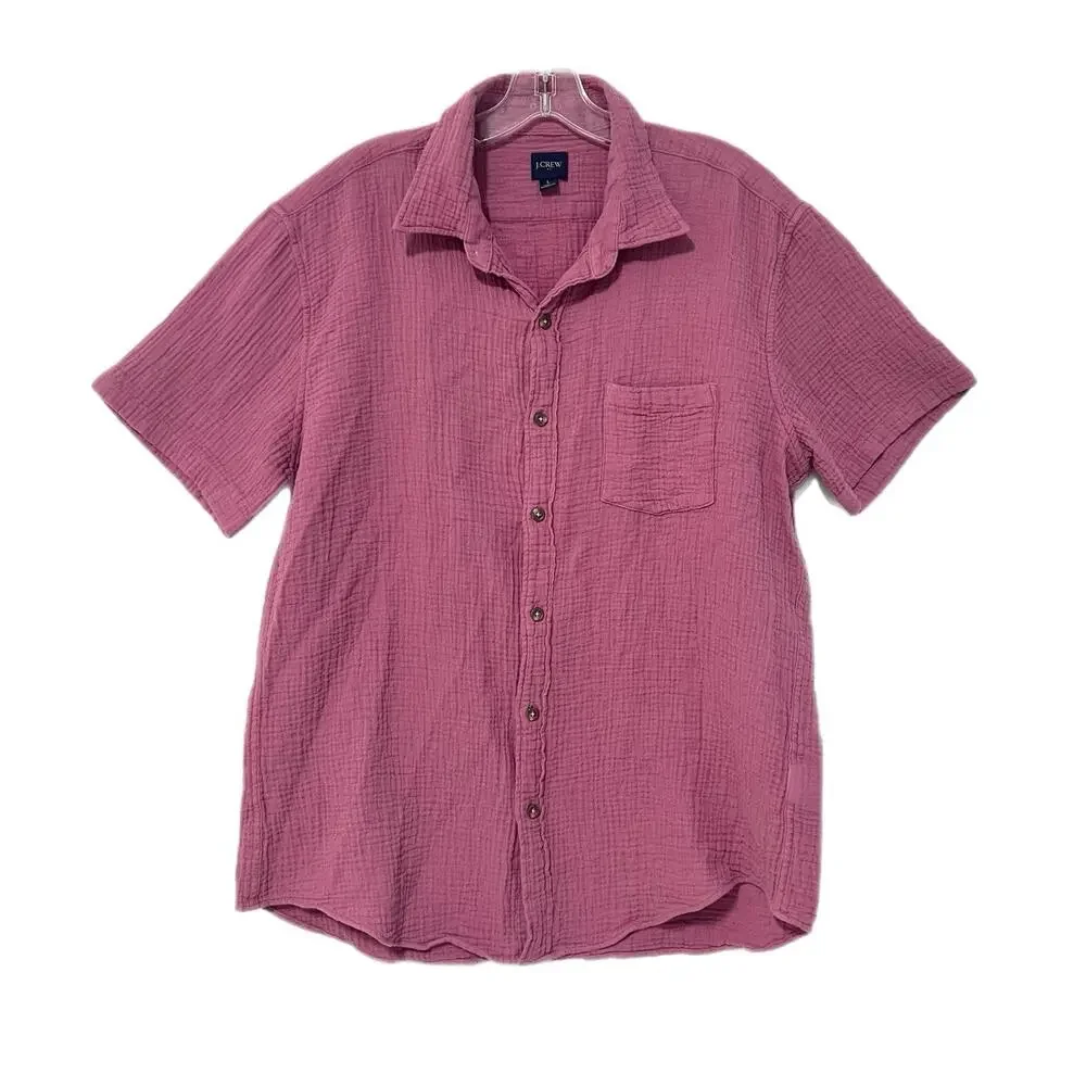 J. Crew Double Gauze Button Down Shirt Mens Size L Pink Cotton Short Sleeve